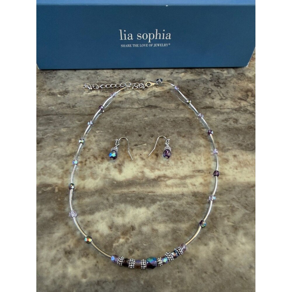 Lia Sophia Necklace Silver W/ Beads & Purple Crystal Stones & matching earrings
